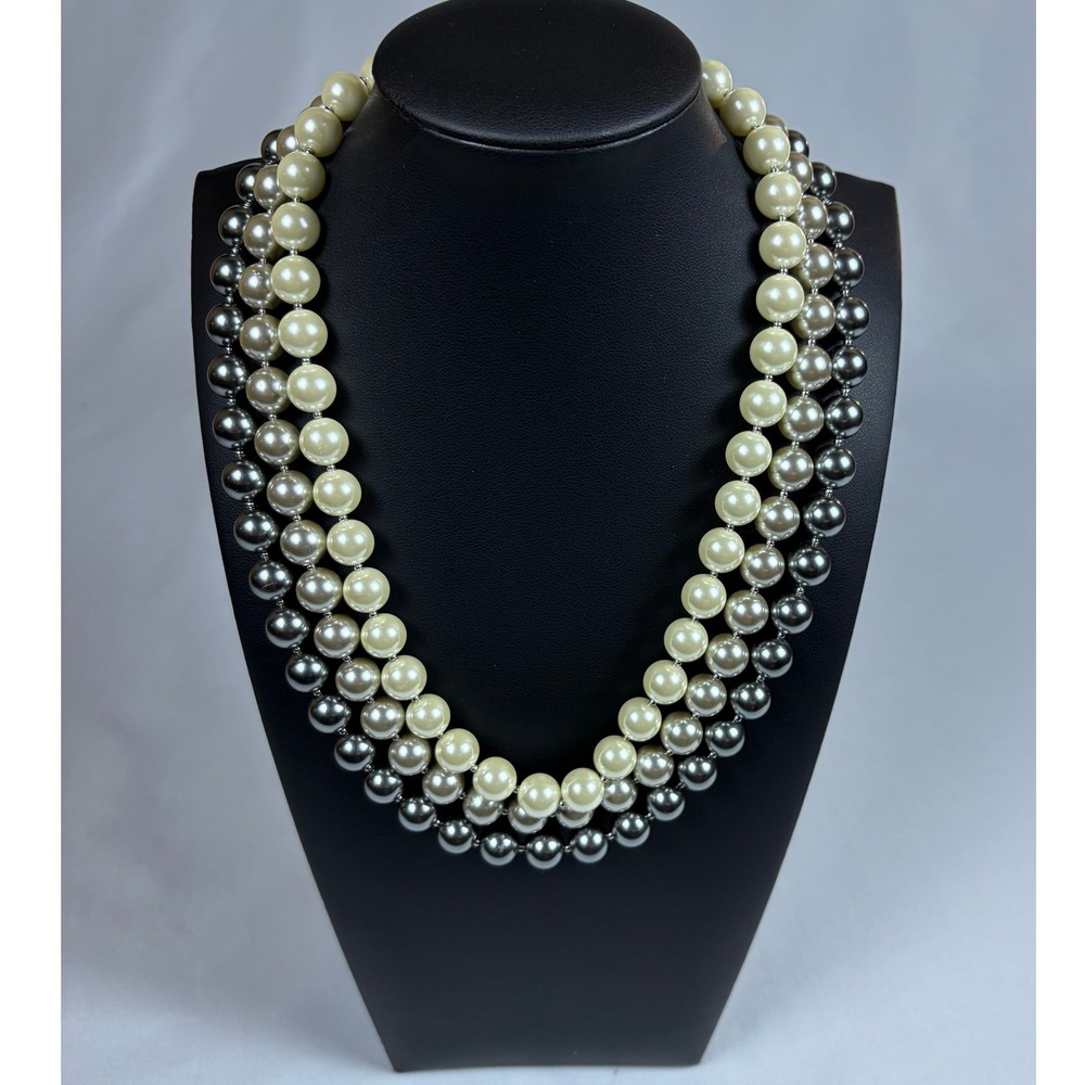NWT Vintage Charter Club 3-Strand Faux Pearl Necklace Grey Cream Silver Tone